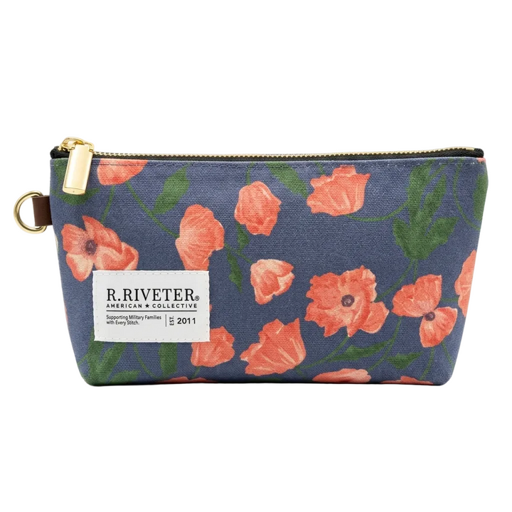 Floral-patterned pouch with 'R. Riveter' branding on a white background
