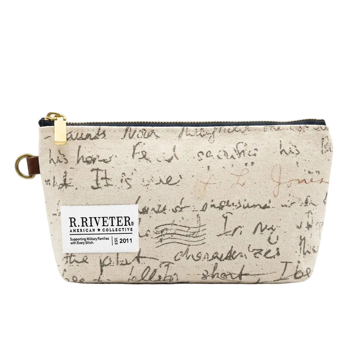 Small pouch with text pattern and Riveter branding on a white background