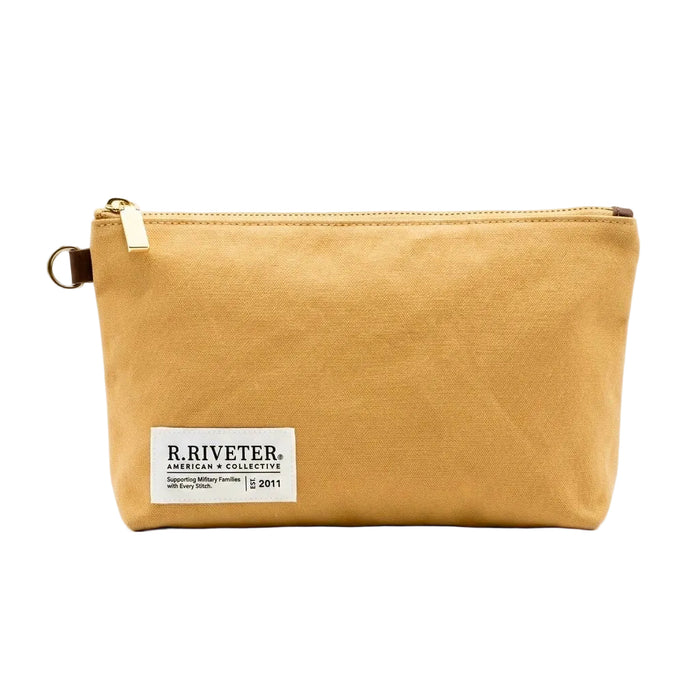 Beige pouch with a label on a white background