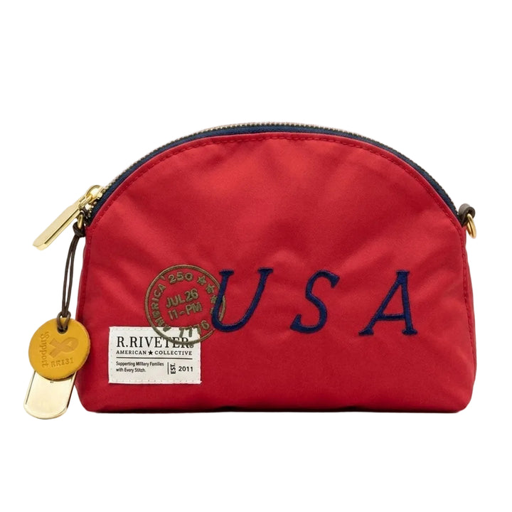 Red pouch with 'USA' embroidery and Riveter branding on a white background