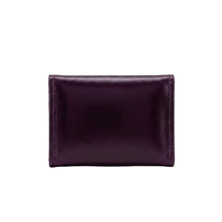 A small, dark purple leather card holder or wallet with visible stitching on the edges, shown from the front against a plain white background.