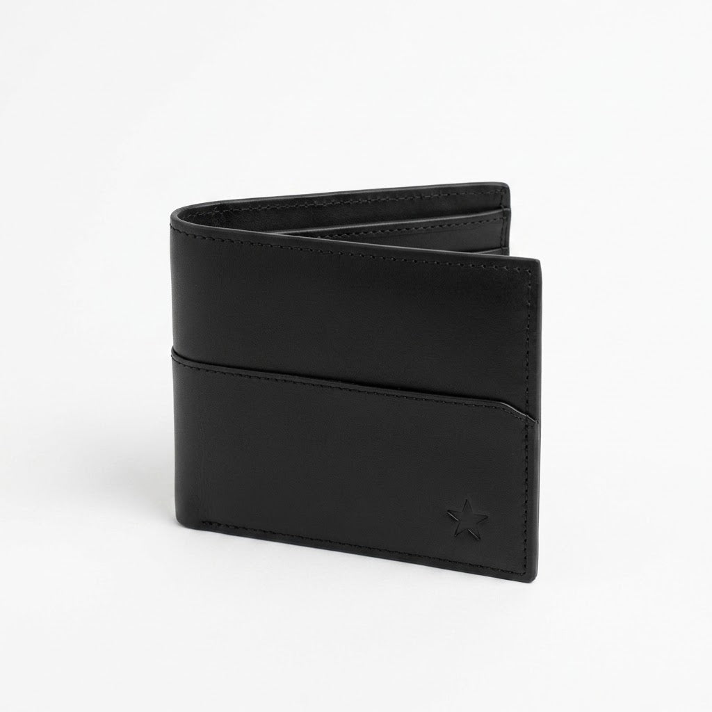 A black leather bifold wallet with a horizontal card slot and an embossed star logo on the front, shown on a clean white background.