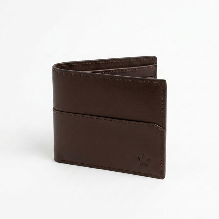 A dark brown leather bifold wallet with a horizontal card slot and a small debossed star logo on the front, shown on a clean white background.