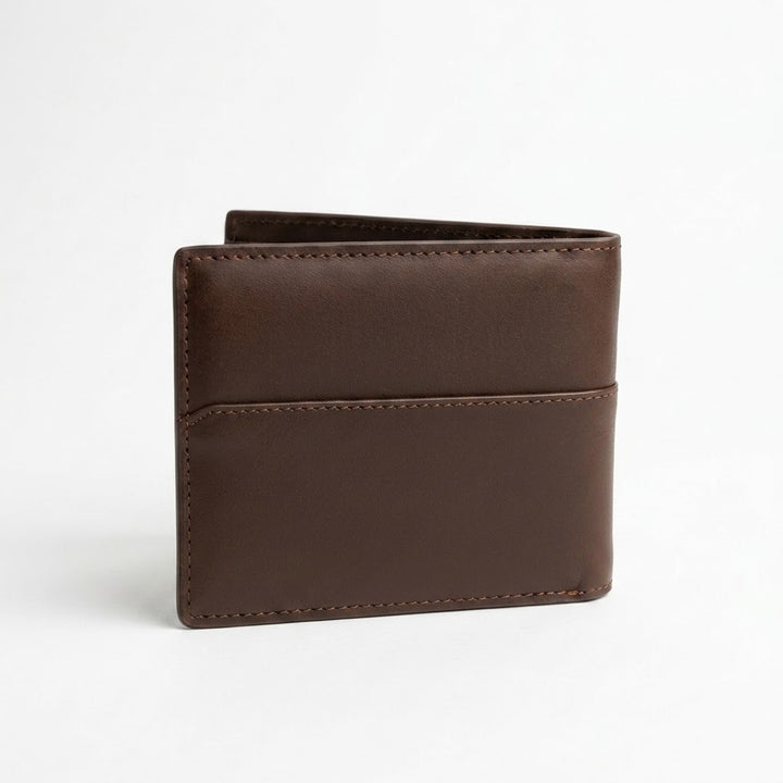A dark brown leather bi-fold wallet with a horizontal stitched card slot, shown closed on a clean white background.