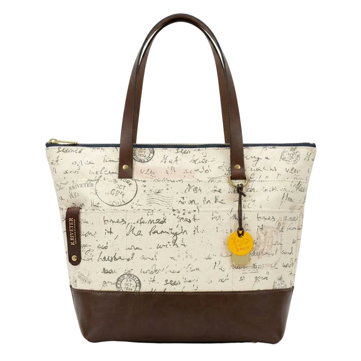Tote bag with script pattern and brown accents on a white background