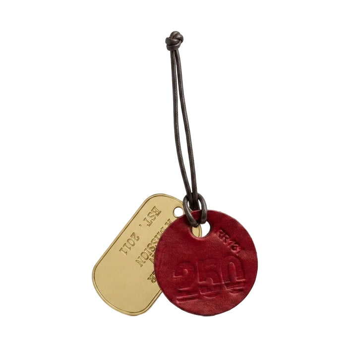 Gold and red dog tags on a white background