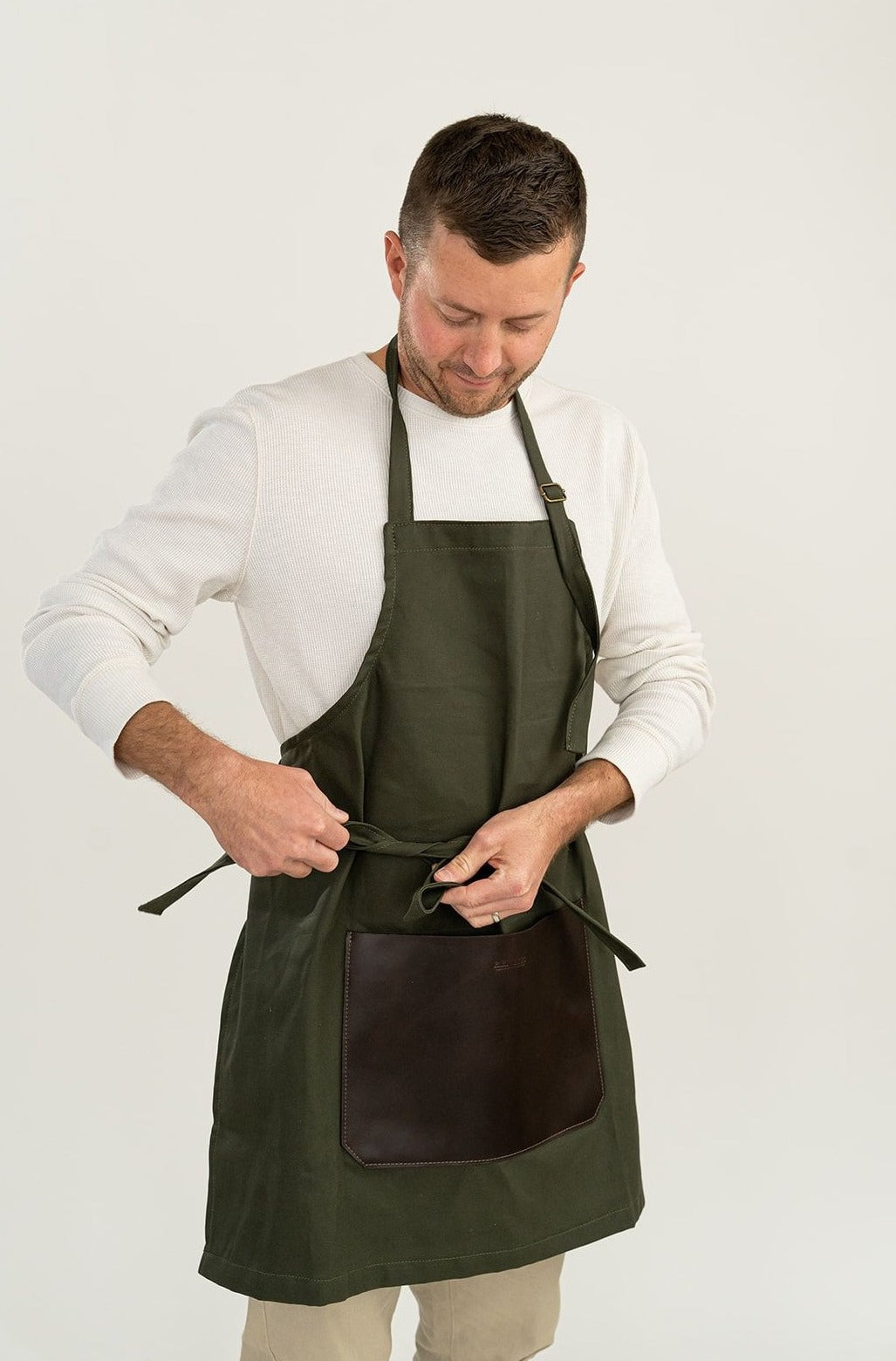 Riveter Made Apron | Fatigue + Brown Leather