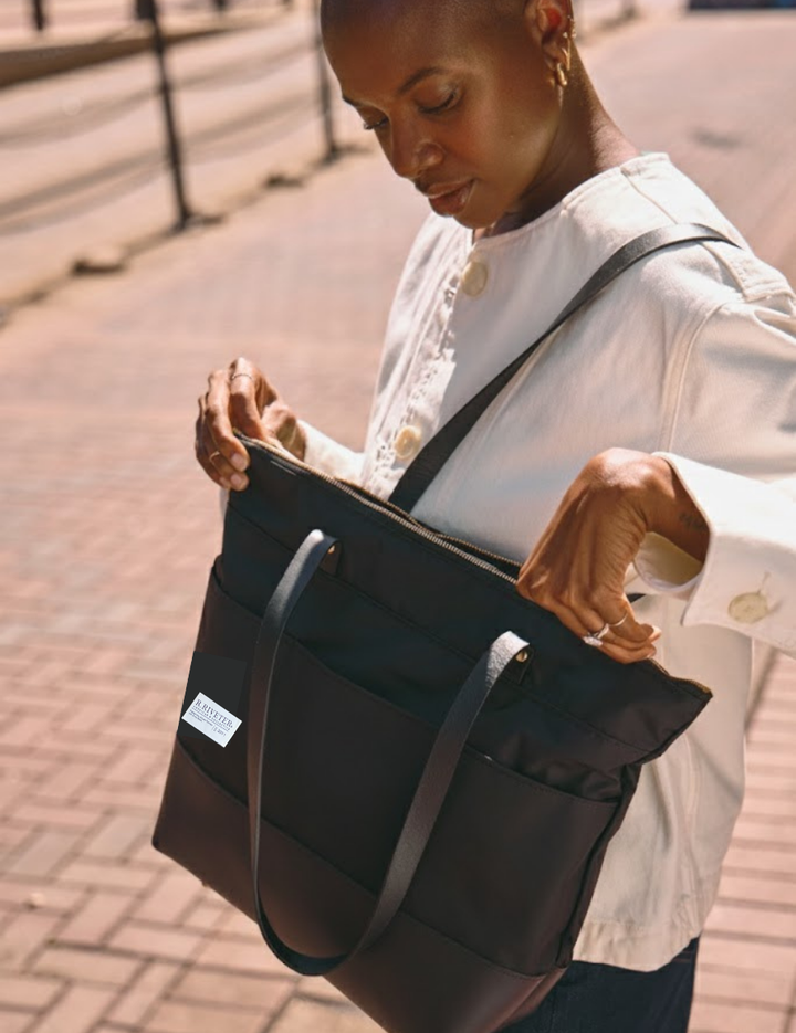 Harriet Tote Bag | Black Nylon + Black Leather