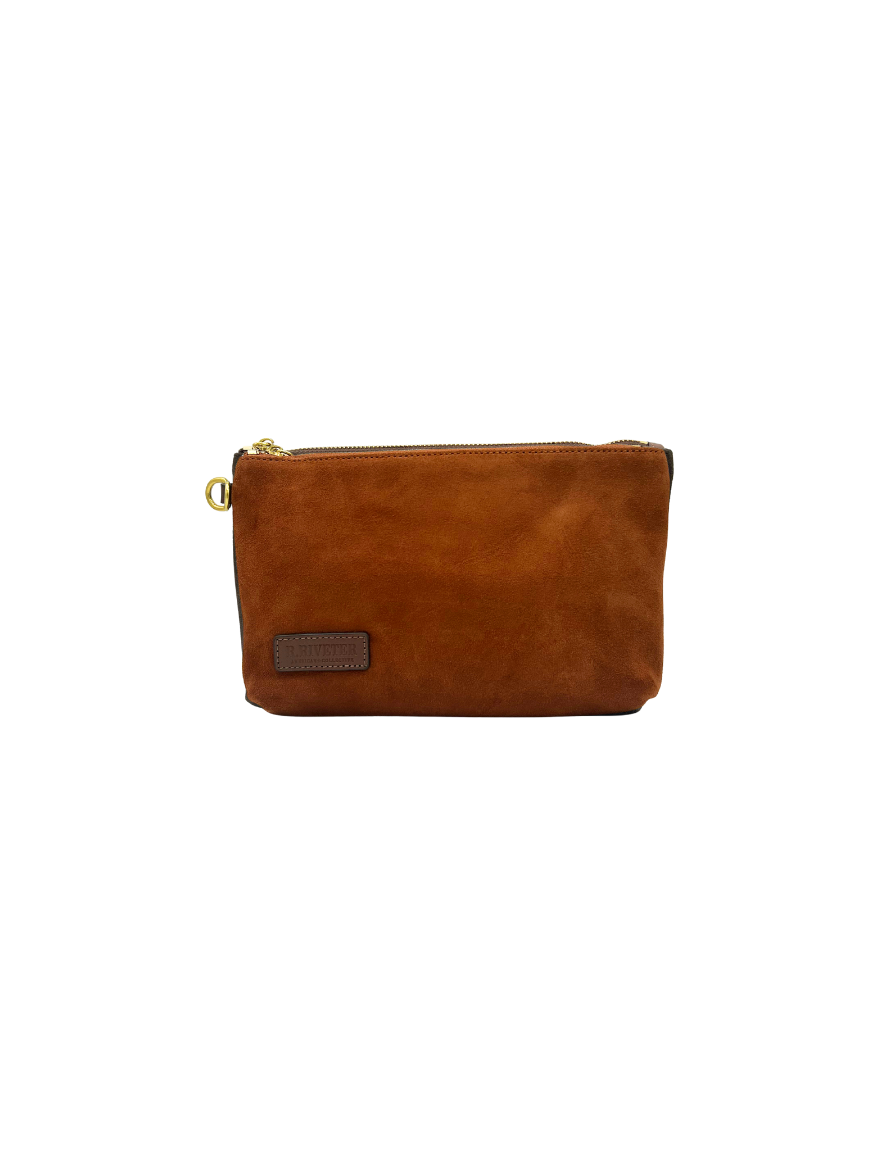 Lucy Large Zipper Pouch | Rust Suede + Brown Logo Patch