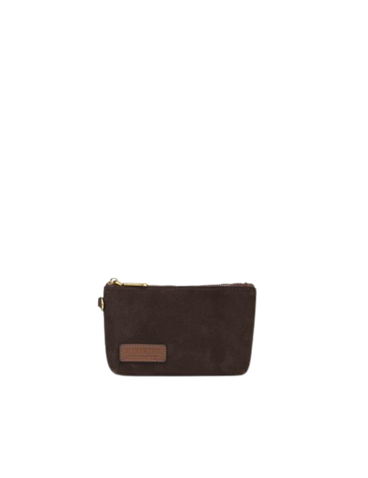 Lucy Mini Zipper Pouch | Coffee Suede + Brown Logo Patch