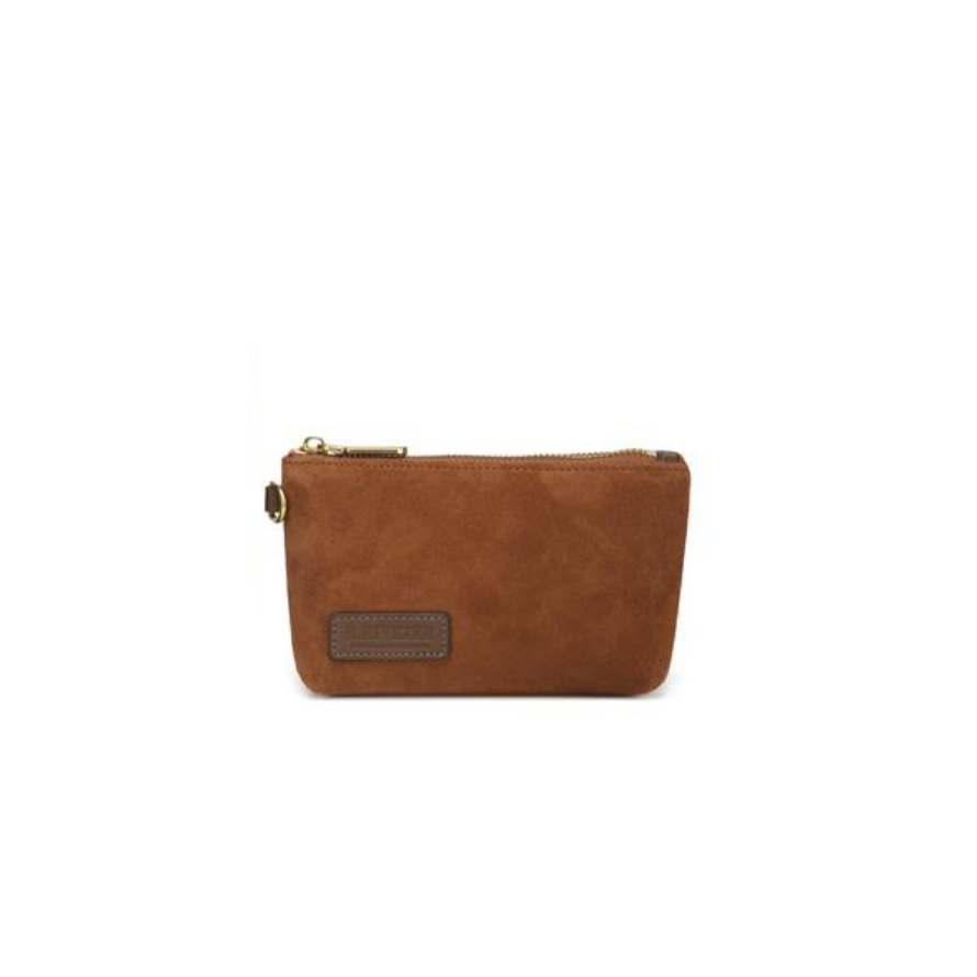 Lucy Mini Zipper Pouch | Rust Suede + Brown Logo patch – R. Riveter