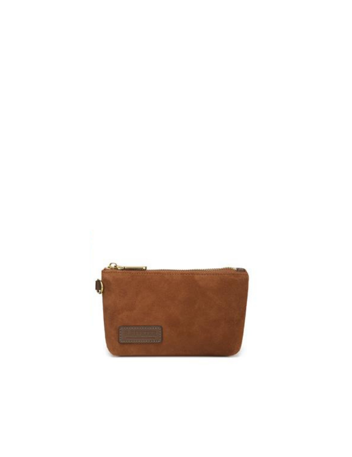 Lucy Mini Zipper Pouch | Rust Suede + Brown Logo patch