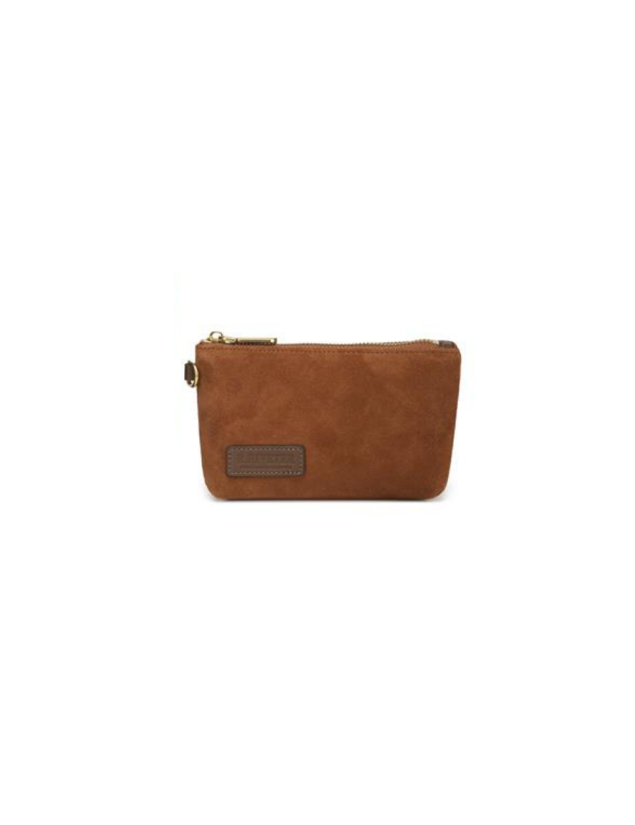 Lucy Mini Zipper Pouch | Rust Suede + Brown Logo patch