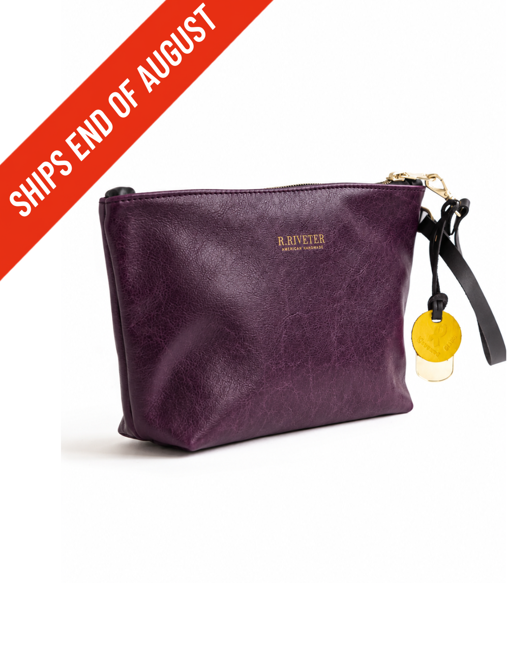 A purple faux-leather wristlet clutch bag with a black wrist strap and gold-tone hardware, featuring the 'R. Riveter' logo.