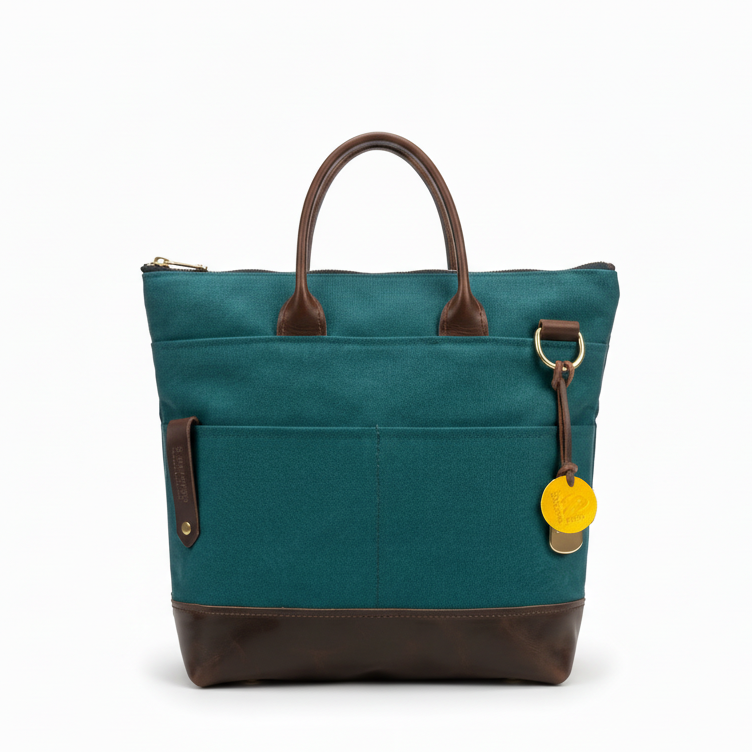 Teal tote bag with brown accents and a yellow tag on a white background
