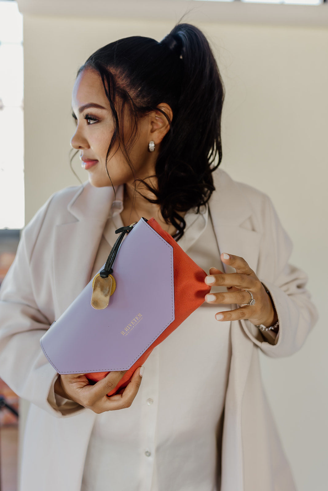 purple bag, pink bag, leather handbag, small handbag, r riveter handbag, saddle bag