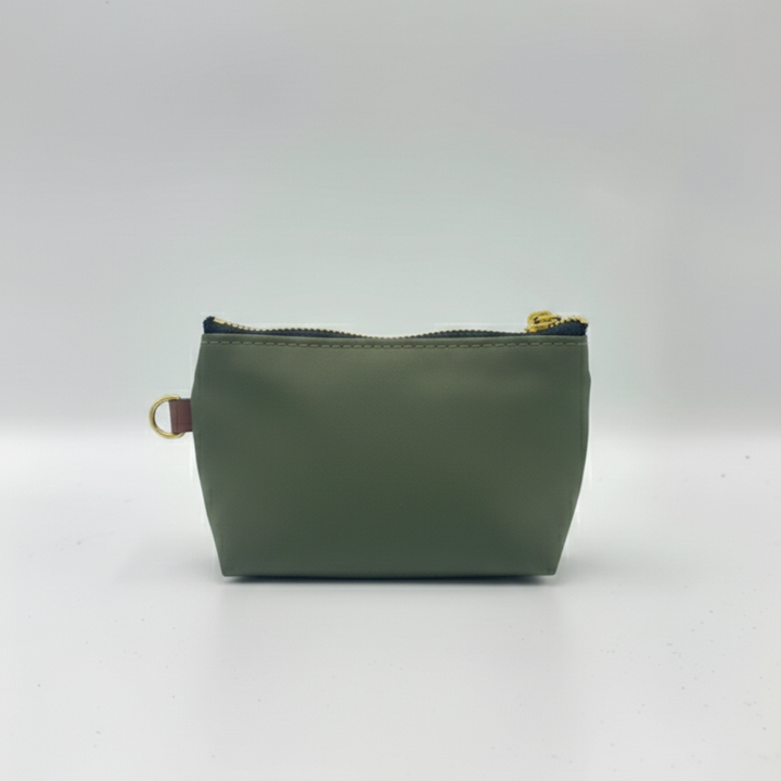 Green pouch with a zipper on a white background