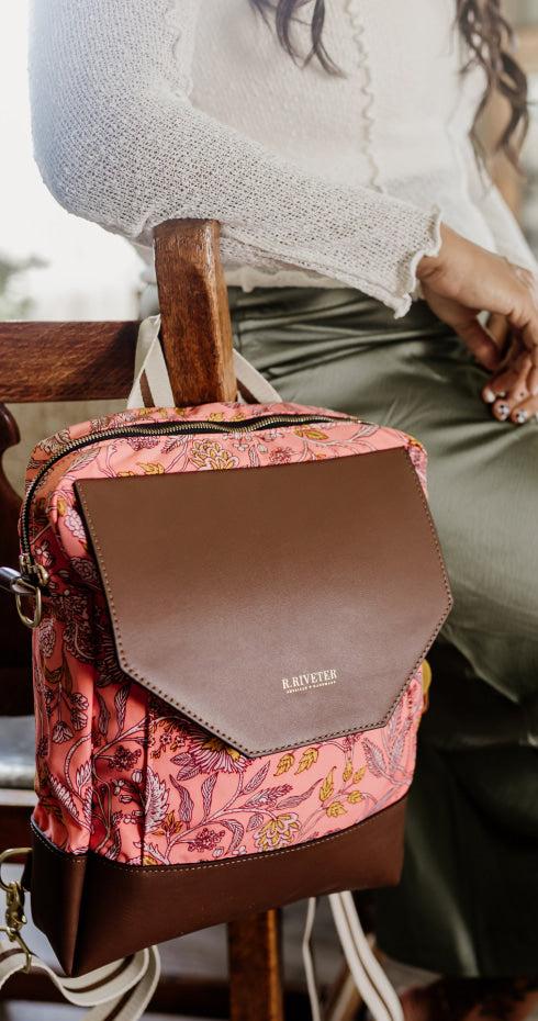 Corbin | Rose Bandana Printed Nylon + Brown Leather Back Pack