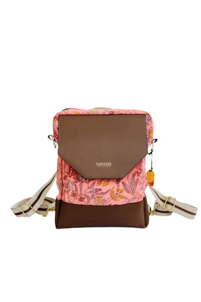 Corbin | Rose Bandana Printed Nylon + Brown Leather Back Pack