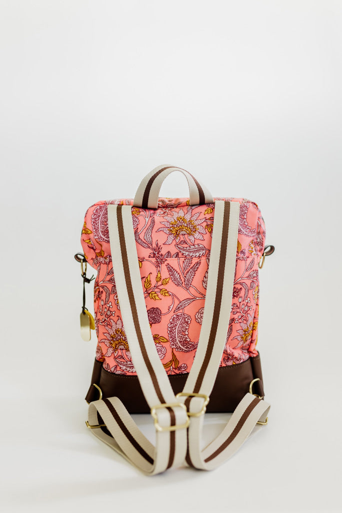 Corbin | Rose Bandana Printed Nylon + Brown Leather Back Pack