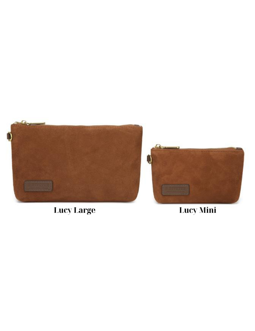 Lucy Large Zipper Pouch  | Black Suede + Black Logo Patch