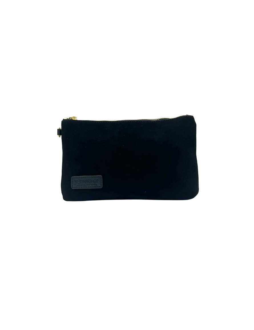 Lucy Large Zipper Pouch  | Black Suede + Black Logo Patch