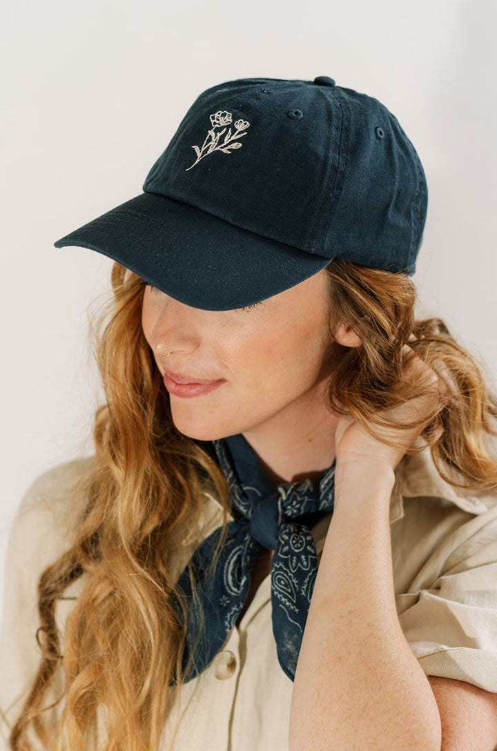 Baseball Hat | Navy with Poppy Embroidery