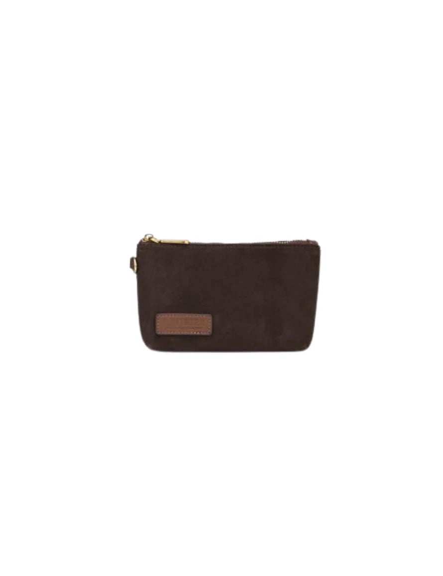 Lucy Mini Zipper Pouch | Coffee Suede + Brown Logo Patch