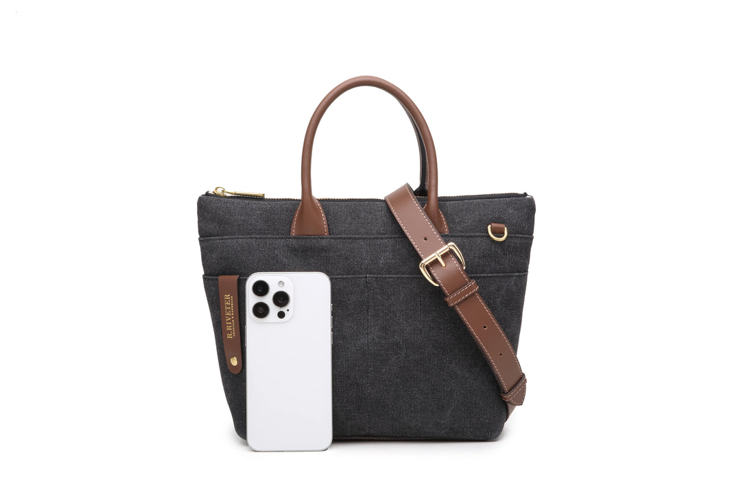 Dot | Small Tote | Black Washed Canvas + Brown
