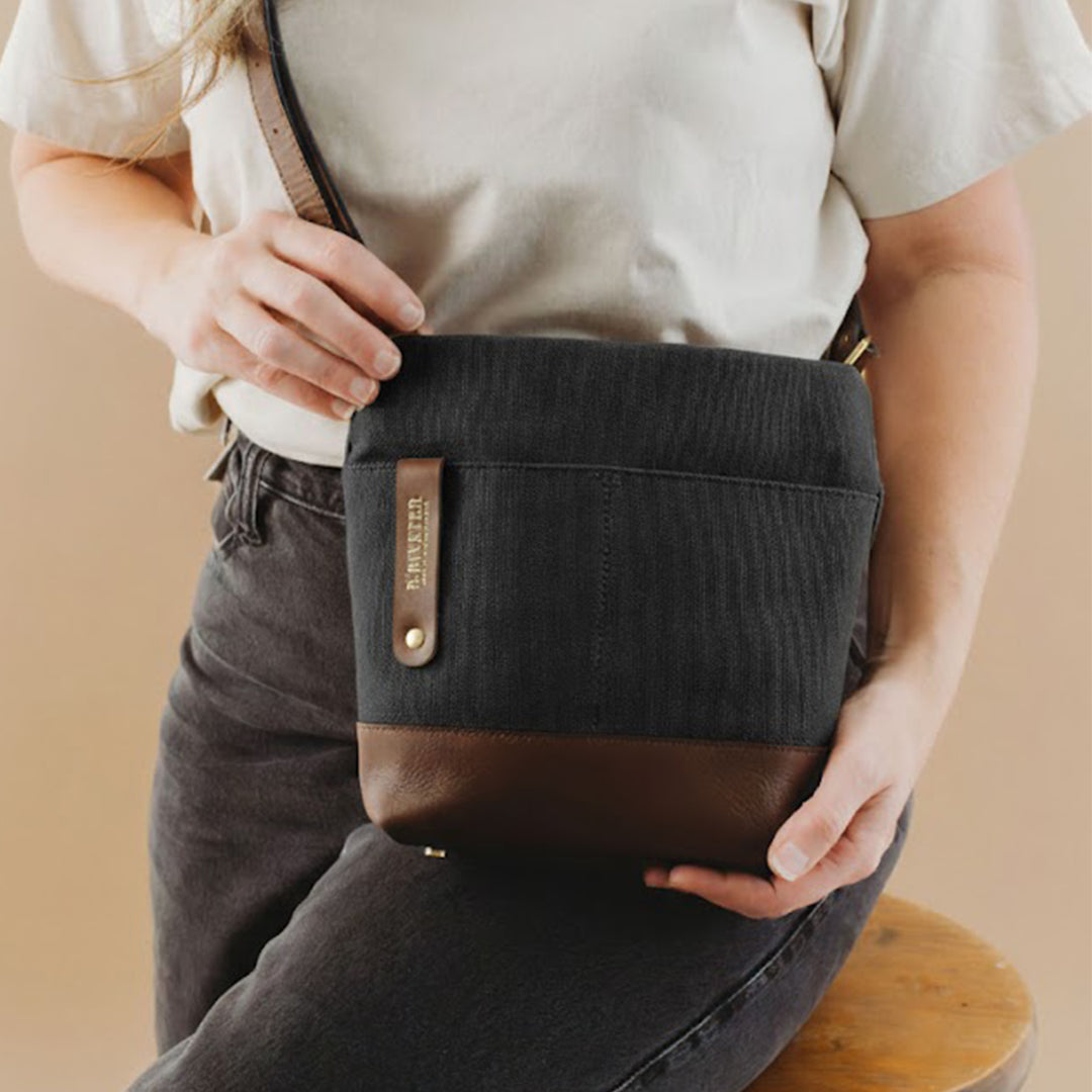 Betsy Bucket Bag | Black Washed Canvas + Brown Leather