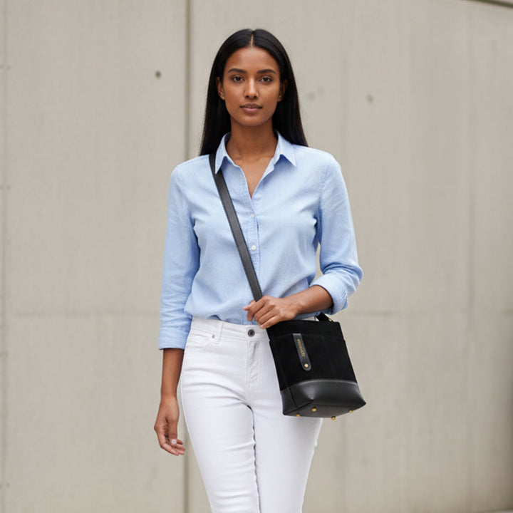 Betsy Bucket Bag | Black Suede + Black