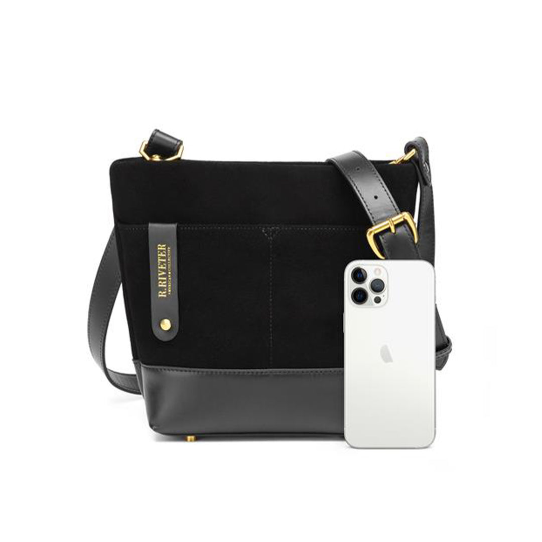 Betsy Bucket Bag | Black Suede + Black