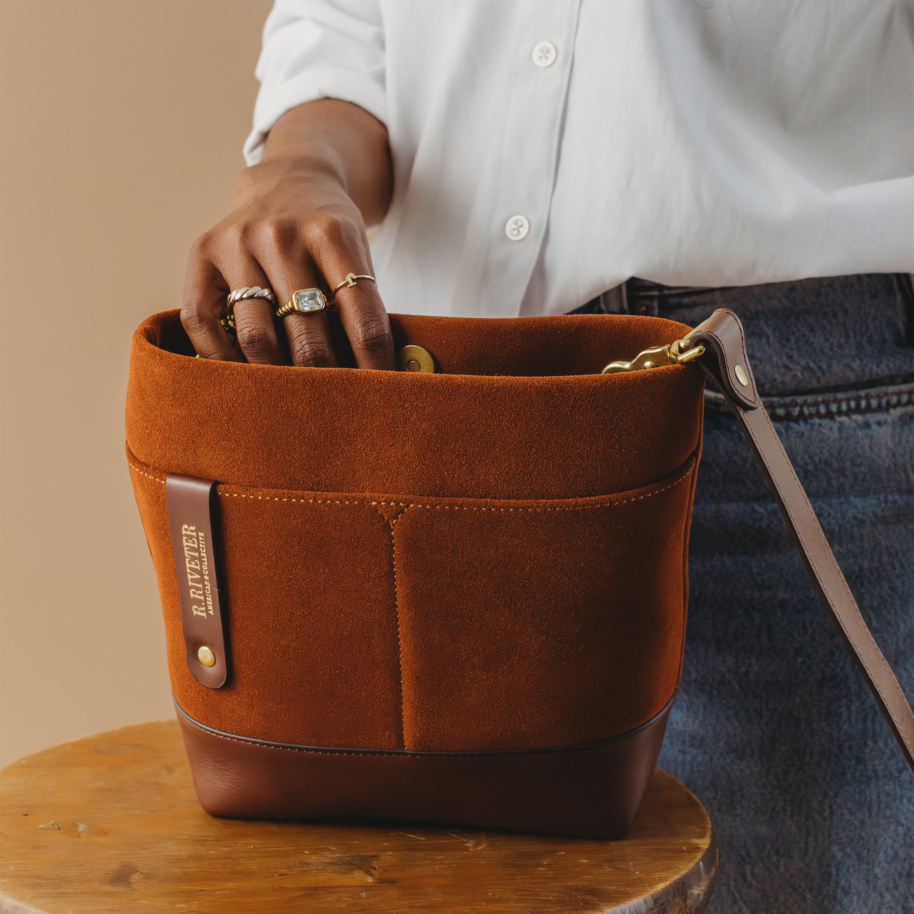 Betsy Bucket Bag | Rust Suede + Brown – R. Riveter