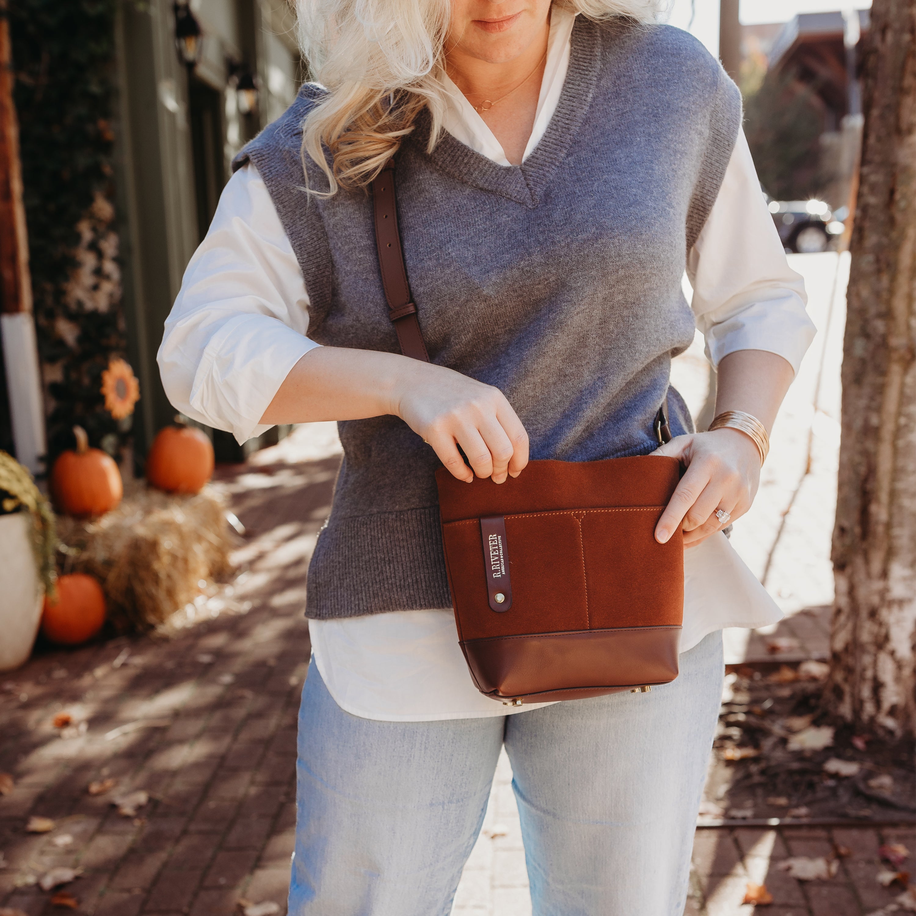 Betsy Bucket Bag | Rust Suede + Brown – R. Riveter