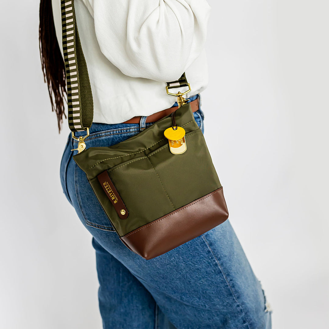 Betsy Bucket Bag | Fatigue Nylon + Brown Leather
