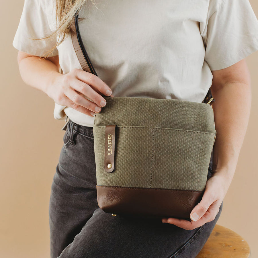 R Riveter Fatigue Betsy Bucket Bag | Fatigue Washed Canvas + Brown Leather – R. Riveter