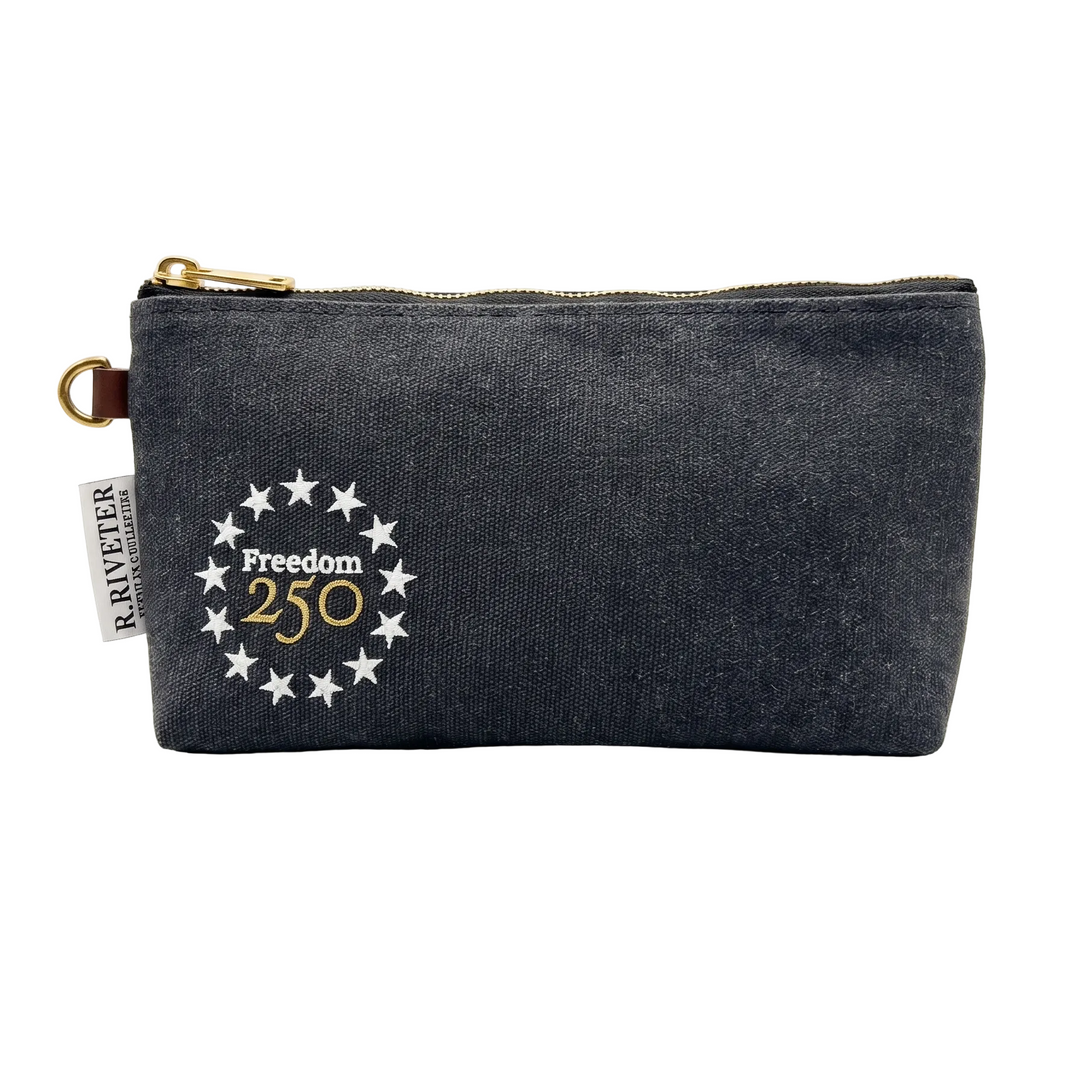 Dark gray pouch with 'Freedom 250' design on a white background