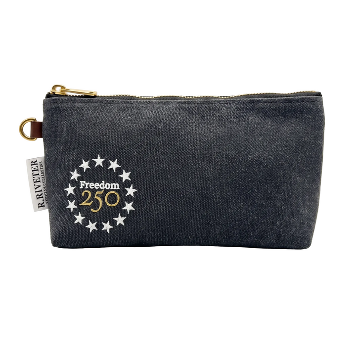 Dark gray pouch with 'Freedom 250' design on a white background