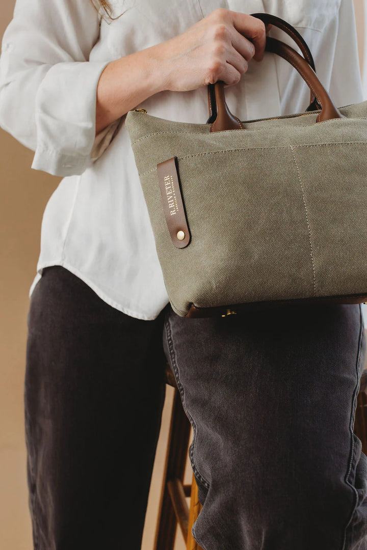 Dot | Small Tote | Fatigue Washed Canvas + Brown Leather