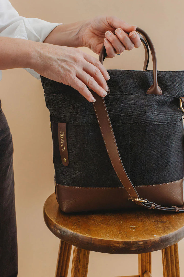 Otto Tote | Black Washed Canvas + Brown Leather