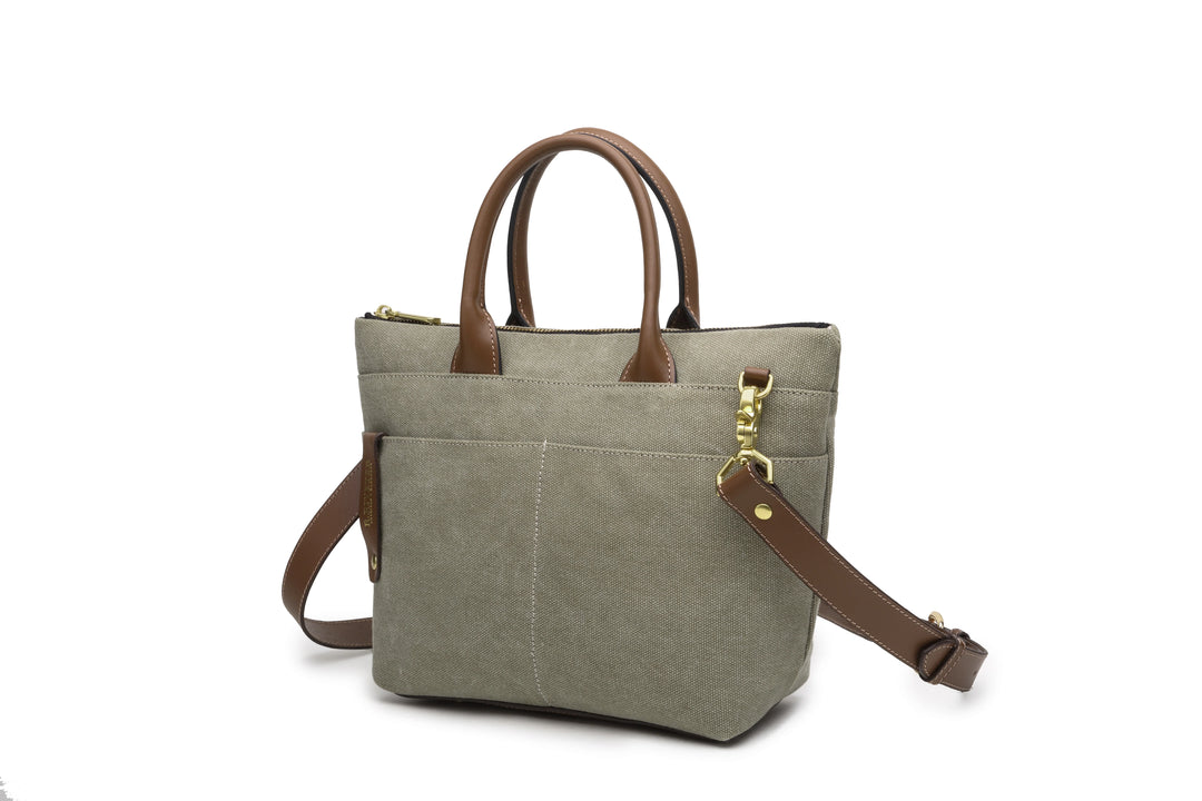 Dot | Small Tote | Fatigue Washed Canvas + Brown Leather