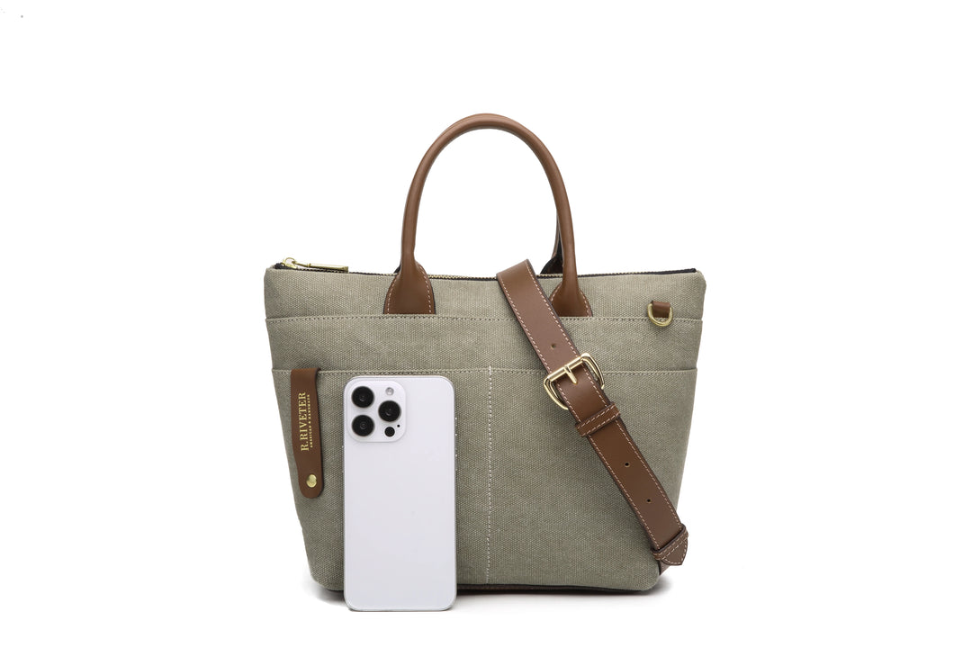 Dot | Small Tote | Fatigue Washed Canvas + Brown Leather
