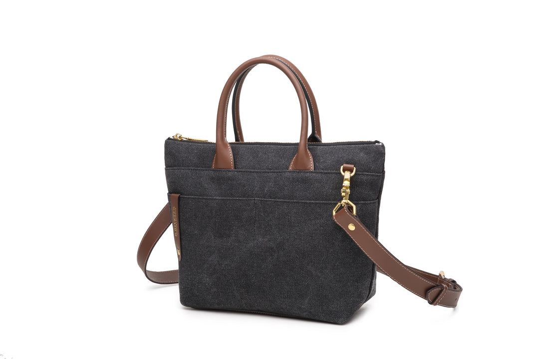 Dot | Small Tote | Black Washed Canvas + Brown