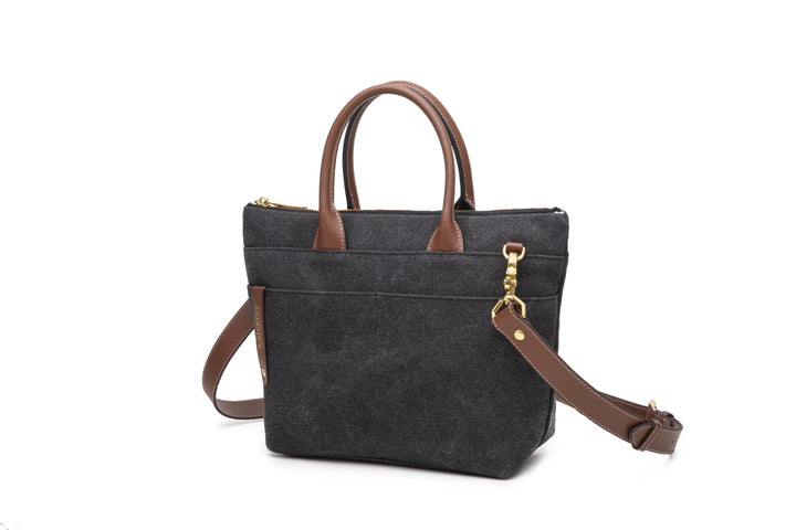Dot | Small Tote | Black Washed Canvas + Brown