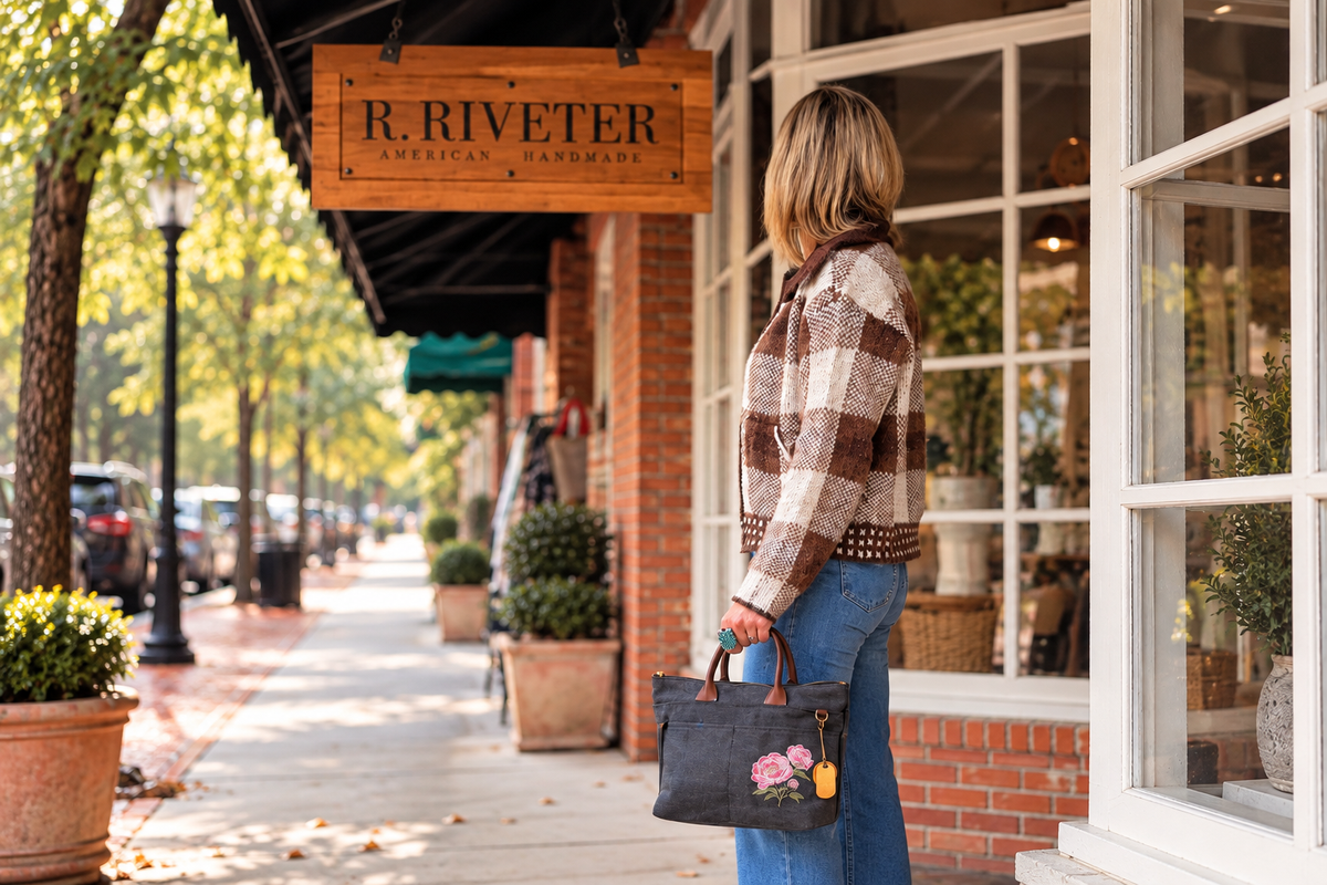 Fight Like Rosie collection featuring a peony embroidered R. Riveter bag