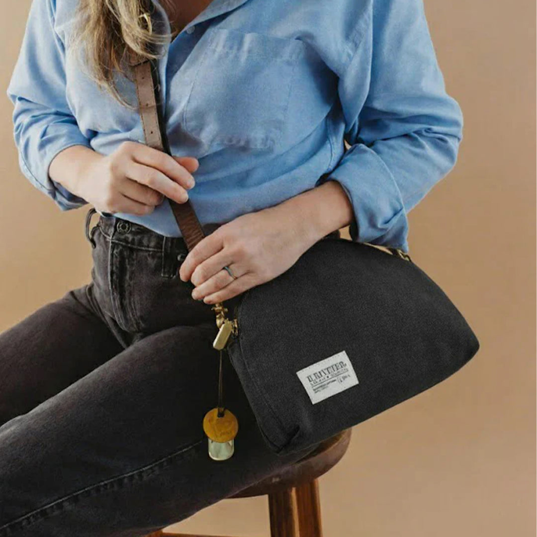 Hopper Crossbody | Black Washed Canvas + Brown