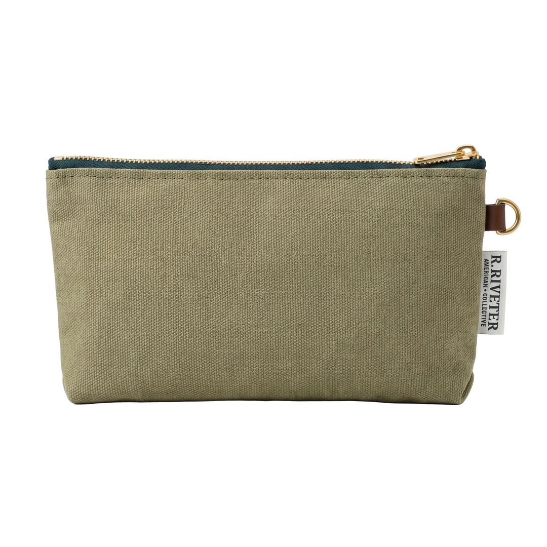 Green canvas pouch with a zipper on a white surface