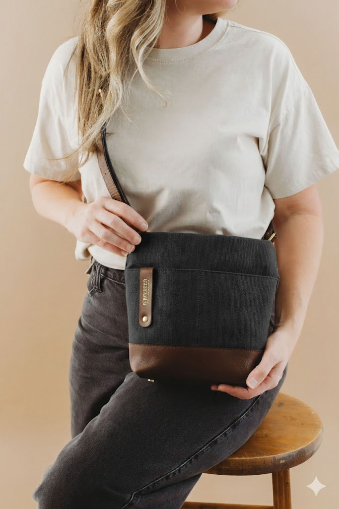 Betsy Bucket Bag | Black Washed Canvas + Brown Leather