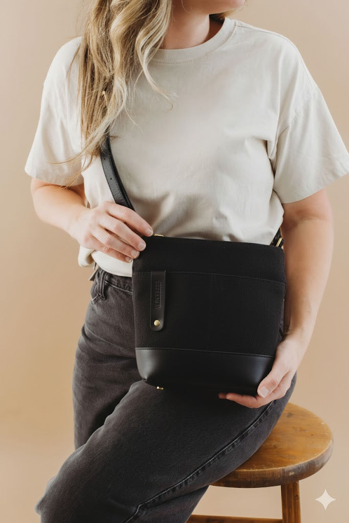 Betsy Bucket Bag | Black Washed Canvas + Black Leather