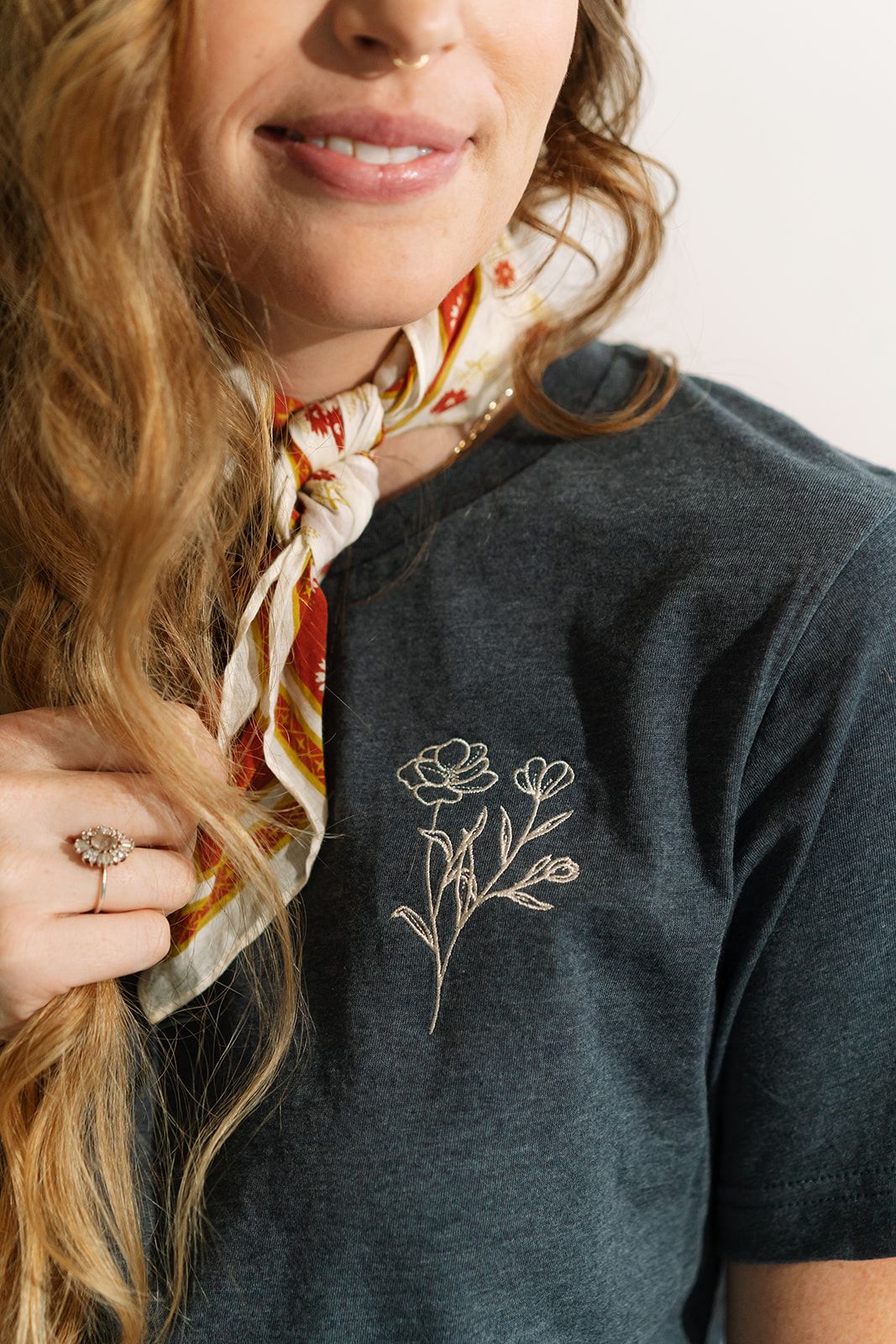 Unisex T-Shirt | Navy Cotton Crewneck with Poppy Embroidery